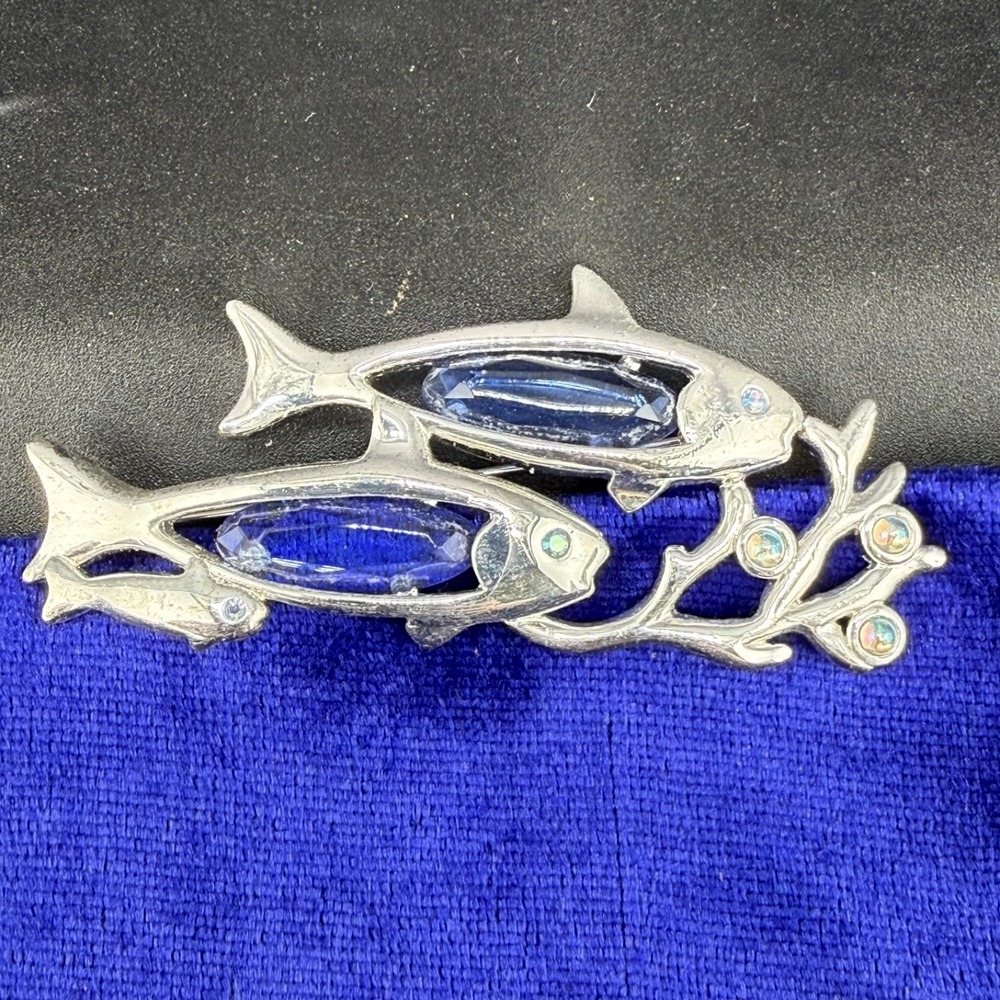 Vintage Monet Brooch Fish Silver tone Blue Rhinestone Signed